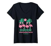 Donna Clearwater Beach Florida Vacanza Retro Flamingos Palme Maglietta con Collo a V