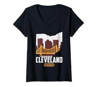 Donna Cleveland, Orizzonte, Città, in, Ohio, Mappa, Stato, Silhouette, vendemm Maglietta con Collo a V