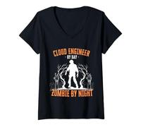 Donna Cloud Engineer by Day Zombie di Notte Divertente Halloween Raccapricciante Maglietta con Collo a V