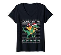 Donna Clucking Christmas Chicken Pun, Pollo Cavalcando Dinosauro Maglietta con Collo a V