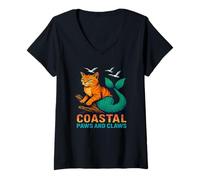 Donna Coastal Paws And Claws - Simpatico Gatto Sirena da Spiaggia Maglietta con Collo a V