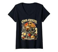 Donna Cocker Spaniel Che beve caffè Freddo su Una Moto DIGOR Maglietta con Collo a V