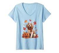 Donna Cocker Spaniel Dog Lover Zucca Autunno Autunno Ringraziamento Maglietta con Collo a V
