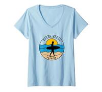Donna Cocoa Beach Surf Florida Pier Longboard Surf Retro Maglietta con Collo a V