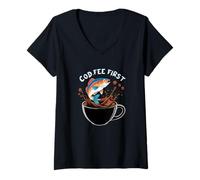 Donna Cod-fee Prima Pesca divertente Pesce e caffè Amante di parole Maglietta con Collo a V