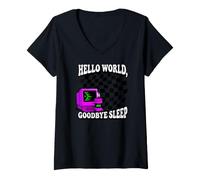 Donna Coder Hello World Goodbye Sleep Computer Science Retro Maglietta con Collo a V