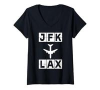 Donna Codice di Viaggio per Rotta Aerea da JFK a LAX New York Los Angeles Maglietta con Collo a V