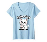Donna Coffee And Chill - Camicia Kawaii per Amanti dei Gatti, da Uomo, Donna, Ragazzi Maglietta con Collo a V