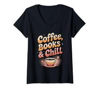 Donna Coffee Books And Chill Retro Book Lover Lettori Fan della Caffeina Maglietta con Collo a V