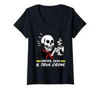 Donna Coffee Cats & True Crime Funny Skull Cat Crime Show Lovers Maglietta con Collo a V