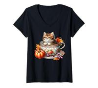 Donna Coffee Fall Kitten for Pumpkin Spice Season Cute Autumn Cat Maglietta con Collo a V