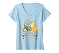 Donna Coffee First Book Second Cat Always Reading Library Cat Love Maglietta con Collo a V