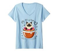Donna Coffee Himalayan Cat Donut Maglietta con Collo a V