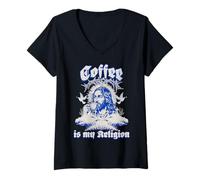 Donna Coffee is My Religion - Popolare caffè Chiesa Scritta Maglietta con Collo a V