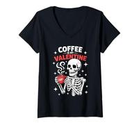 Donna Coffee Is My Valentine Funny Skeleton Coffee Lover Maglietta con Collo a V