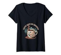 Donna Coffee Keeps Me Grounded necessità mattutine Caffeina |- Maglietta con Collo a V