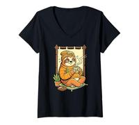 Donna Coffee Lover Bradipo Accogliente Animal Art Maglietta con Collo a V