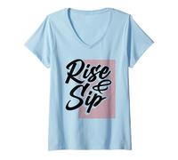 Donna Coffee Lover Rise & Sip - Bevitore di caffè Maglietta con Collo a V