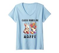 Donna Coffee Makes Me Hoppy Easter Cute Bunny Drinking Coffee Cup Maglietta con Collo a V