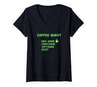 Donna Coffee Quest Barista Gaming Divertente Retro 8 Bit Caffeina Maglietta con Collo a V
