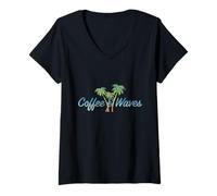 Donna Coffee & Waves Surfista Surfing Caffè Windsurfer Surfer Maglietta con Collo a V