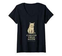 Donna Cogito Ergo Meow - Funny Philosophy Cat Design Maglietta con Collo a V