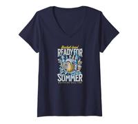 Donna Cold Beer Bucket Summer Vibes e Chill BBQ Beach Moments Maglietta con Collo a V