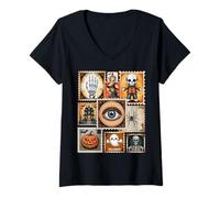 Donna Collage di francobolli di Halloween, Scheletro, Zucca, Strega Maglietta con Collo a V