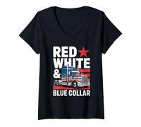 Donna Collare Rosso Bianco e Blu Love My Country American Pride Maglietta con Collo a V