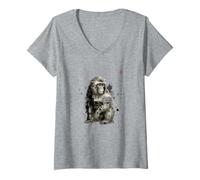 Donna Collezione Giapponese Sumi-e, Ink Wash Wildlife Art, Macaco Maglietta con Collo a V