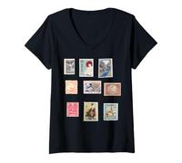 Donna Collezione Vintage di francobolli Giapponesi Tradizionali - Giappone Maglietta con Collo a V