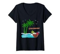 Donna Colombia Palme Spiaggia Cocktail Ricordo Sud America Maglietta con Collo a V