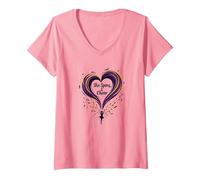 Donna Color Guard Mom - She Spins, I Cheer - Supporto Cuore Maglietta con Collo a V, Rosa, S