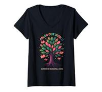 Donna Color Our World Summer Reading 2025 Tree Book Lover Library Maglietta con Collo a V