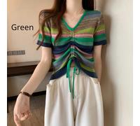 Donna Colorati a Righe Maglia Manica Corta Scollo V T-Shirt Arcobaleno Casual