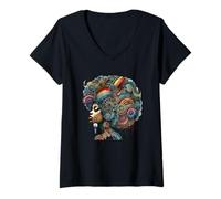 Donna Colorato Afro Hair Art Spirali Vortici Maglietta con Collo a V