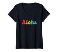 Donna Colorato Aloha Retro Style Hawaiian Rainbow Groovy anni '70 Maglietta con Collo a V