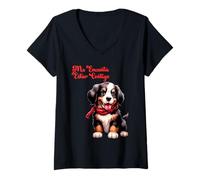 Donna Colorato Carino San Valentino Puppy Love Maglietta con Collo a V