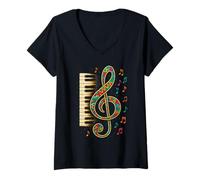 Donna Colorato chiave di violino con tasti di pianoforte e note musicali arte Maglietta con Collo a V