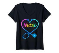 Donna Colorato Cuore Stetoscopio Arcobaleno Arcobaleno Registered Nurse Maglietta con Collo a V