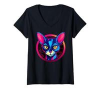 Donna Colorato Devon Rex Space Astronauta Pixie Cat Maglietta con Collo a V