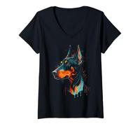 Donna Colorato Doberman Pinscher per i Proprietari di Cani Maglietta con Collo a V
