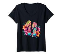 Donna Colorato Flip-Flops Fiori Occhiali Da Sole Estate Donne Abbigliamento Maglietta con Collo a V