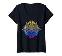 Donna Colorato Gatto Mandala Yoga Meditazione Gatti Maglietta con Collo a V