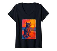 Donna Colorato Raccoon Tramonto Spiaggia Mare Oceano Costiera Estate Maglietta con Collo a V