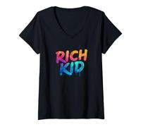 Donna Colorato Rich Kid Discorso Emblema Maglietta con Collo a V