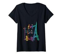 Donna Colorato Torre Eiffel Lampione Stradale E Bicicletta Vintage Parig Maglietta con Collo a V