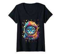 Donna Colore Astronauta Gatto Spazio Maglietta con Collo a V