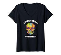 Donna Colore Contro conformità Bold Colorful Skull Art Maglietta con Collo a V