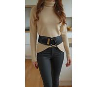 Donna Colore Nero Moda Ecopelle Elastico Cintura Gancio Fibbia S M